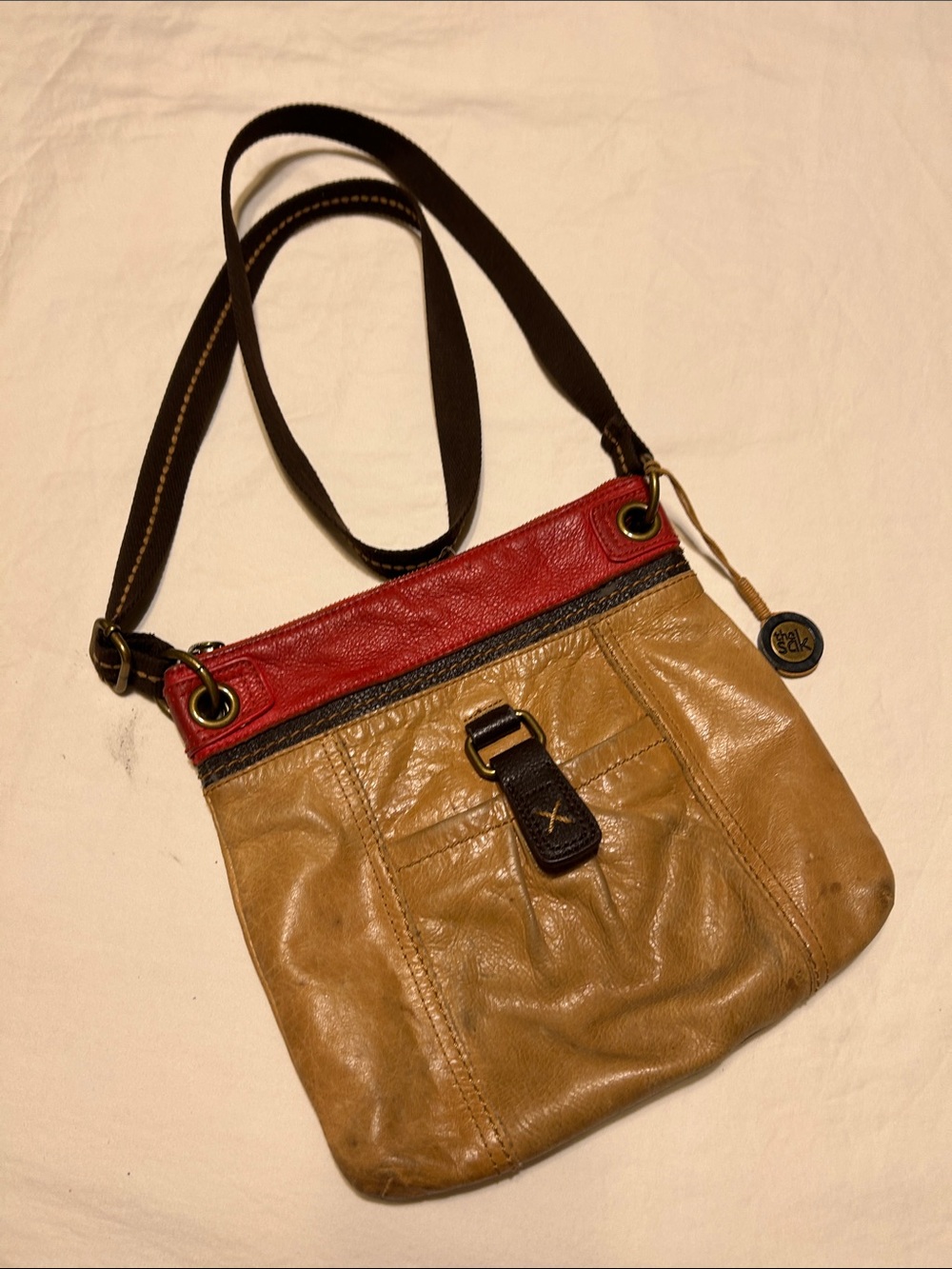 The Sak Two-Tone Red and Tan Leather Crossbody Bag